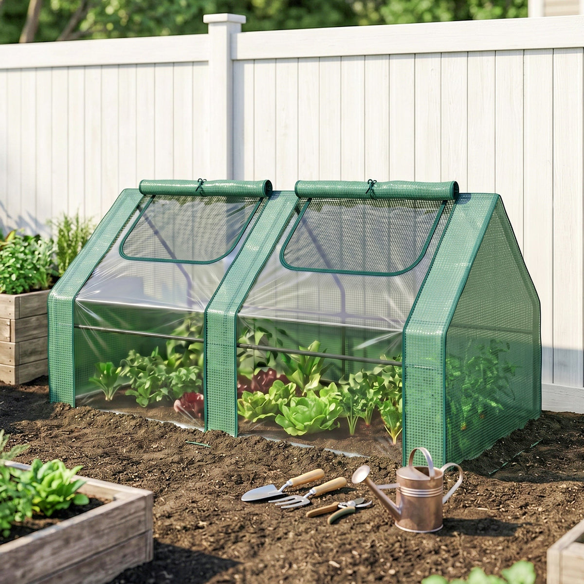 6' x 3' x 3' Portable Greenhouse, Garden Hot House with Two PE/PVC Covers and 2 Roll Up Windows, Green