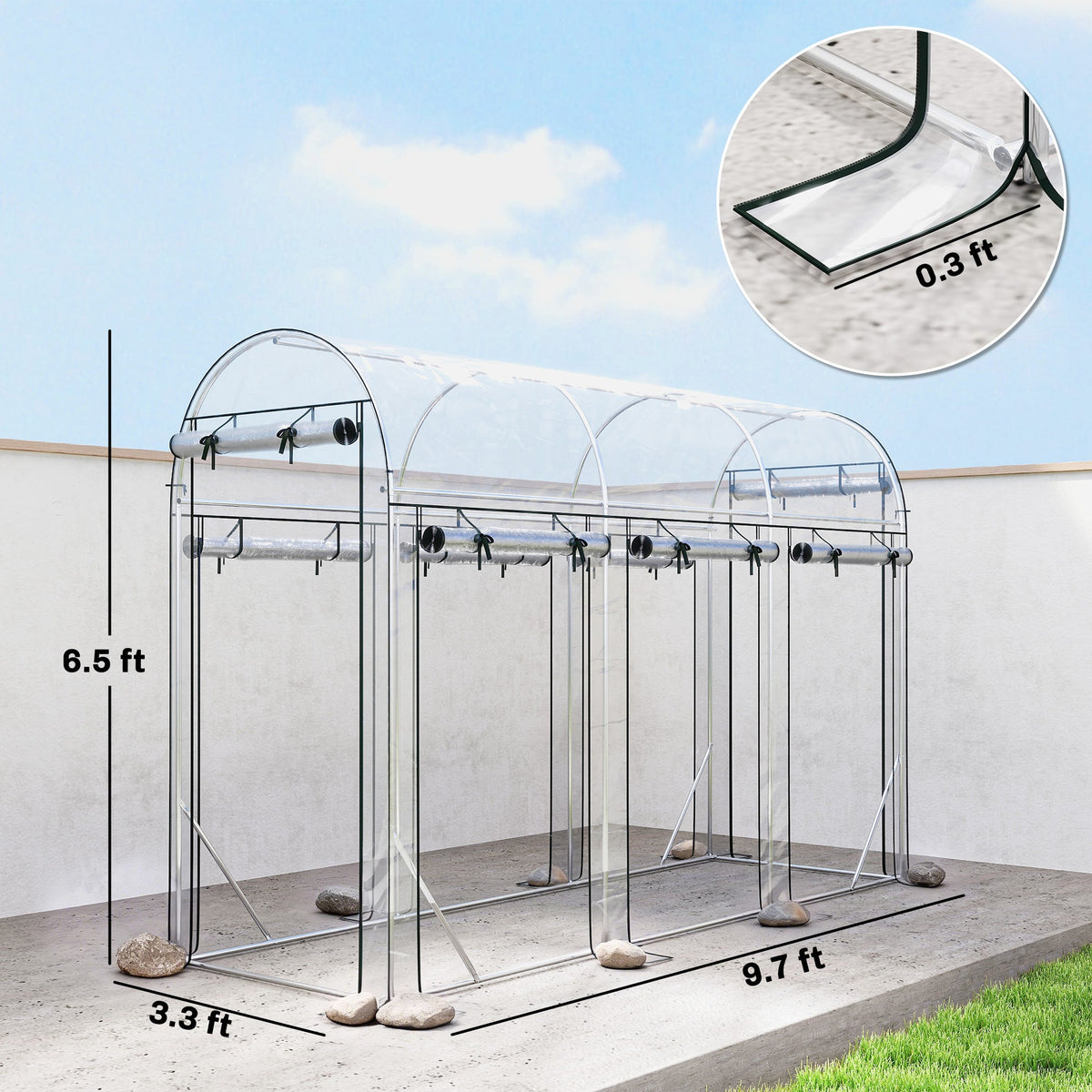 Walk-in Tunnel Greenhouse, Hoop House Greenhouse with 8 Roll-Up Doors, 10' x 3' x 6.5', Clear