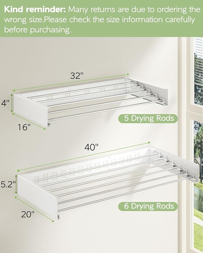 Wall Mounted Clothes Drying Rack 40 inches, Foldable Wall Mount Laundry Rack Folding Indoor, Drying Rack Clothing Collapsible, Hidden Space Saver with Wall Template, 6 Rods, White