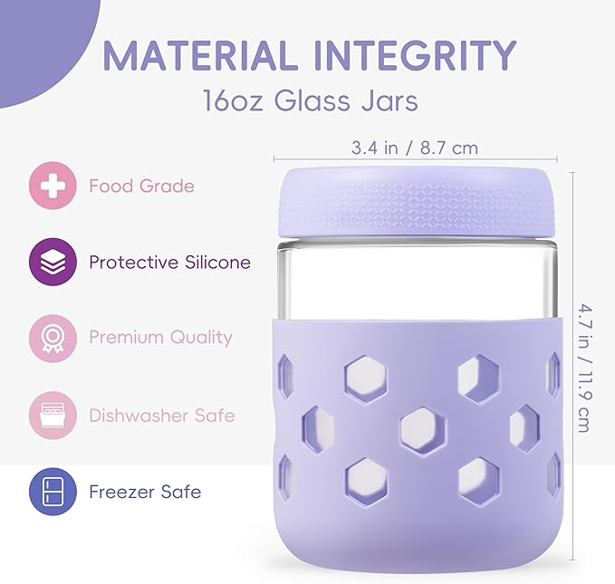 Gemice 6-Pack 16 oz Overnight Oats Containers with Lids and Silicone Sleeves, Glass Mason Jars with Airtight Lid, Dishwasher Safe, Wide Mouth Chia Seed Pudding Meal Prep Jar for Yogurt Berries Snack