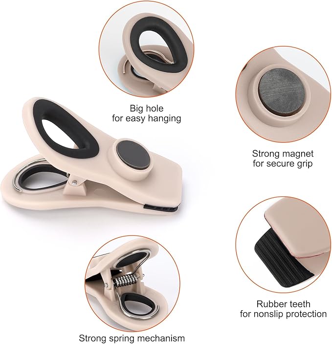 TACGEA Chip Clips, Magnetic Bag Clips with Air Tight Seal for Food Storage, 12 Pieces, Neutral Color