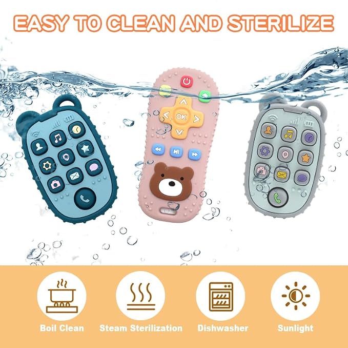 HippoBaby 2-Pack Silicone Teethers – Remote Control & Phone Teething Toys with Popper Buttons, BPA-Free, CPC Certified Baby Essentials for Infants & Toddlers (Remote/Phone - Light Pink/Deep Pink)