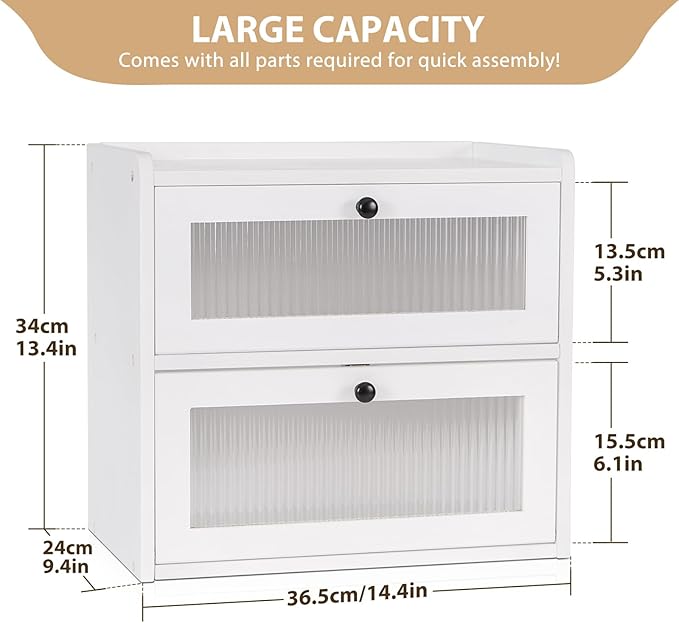 Sunhoo Bread Box for Kitchen Countertop Wooden Bread Storage Container Bin 2 Layer Breadbox Holder Large Capacity Keeper Vintage Farmhouse Food Organizer Pantry Shelf Acrylic Window (White)