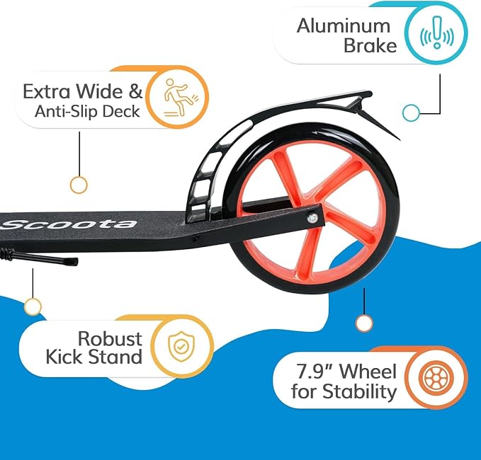 LaScoota Kick Scooter for Kids Ages 6+, Teens & Adults, Large 8" Sturdy Urethane Wheels. Adjustable Handlebar, Lightweight, Foldable, 220lbs Max Load