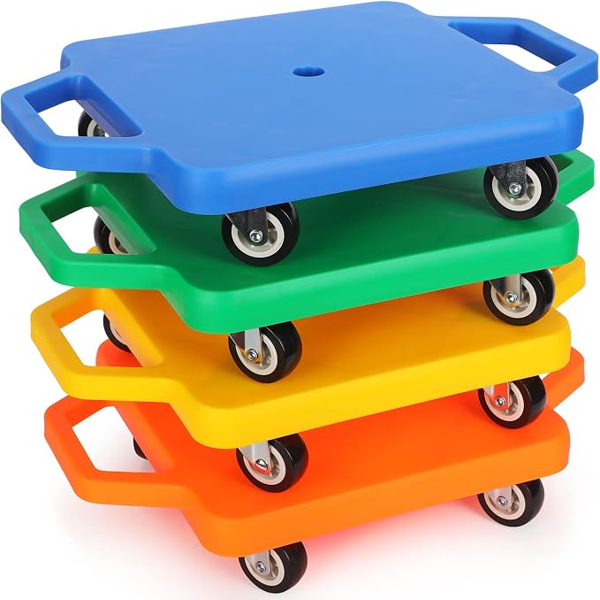 Jerify 4 Pieces Sports Scooter Board with Handles Plastic Casters Floor Sitting Scooter Boards for Kids Children Gym Indoor Outdoor Activities Play Equipment, 11.22 x 11.22 inch