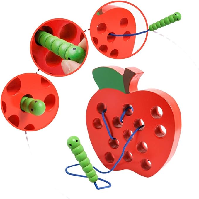 JCREN Wooden Lacing Apple Threading Toys Wood Lace Block Puzzle Shape Travel Game Toys Early Learning Fine Motor Skills Educational Gift for 3 4 5 Years Old Toddlers Baby Kids Boys