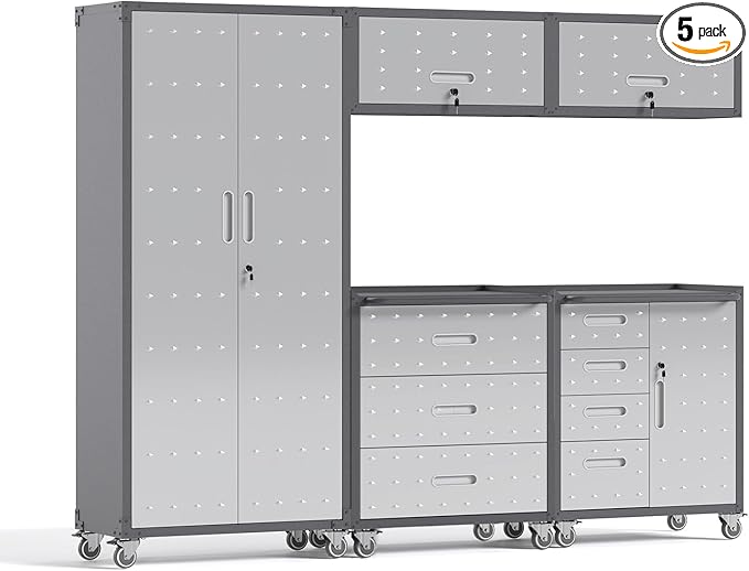 5 PCS Garage Storage Cabinets System Heavy Duty Workshop Set with Drawers Locking Rolling Cart with Adjustable Shelves Garage Tool Workbench Cabinets (5 PCS-3)