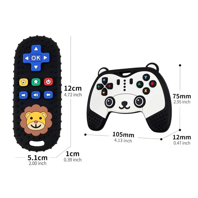 Baby Teething Toy, Soft TV Remote and Game Controller Shape Chew Set, Educational Toy for Intellectual Development, Safe Silicone for Toddler and Infant (Black (Panda Handle + Lion Remote Control))
