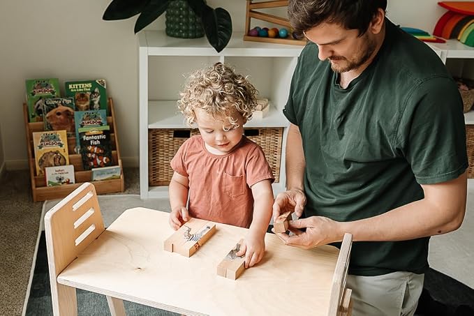 Wooden Animal Chunky Puzzles for Toddlers 2+ Years - Montessori 4 in 1 Safari Animal Block Puzzle Toy