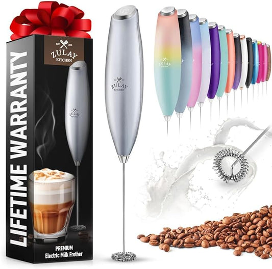 Zulay Powerful Milk Frother for Coffee with Upgraded Titanium Motor - Handheld Electric Whisk, Milk Foamer, Mini Mixer & Coffee Blender for Frappe, Latte, Matcha, No Stand - Silver