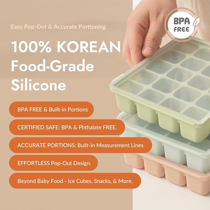 Baby Food Storage Silicone Cubes with Clip-On Lid Freezer Tray Baby Food Soups Purees Ice Safe Design Made in Korea (12cubes 1.5oz, Sand Beige Set OF2)