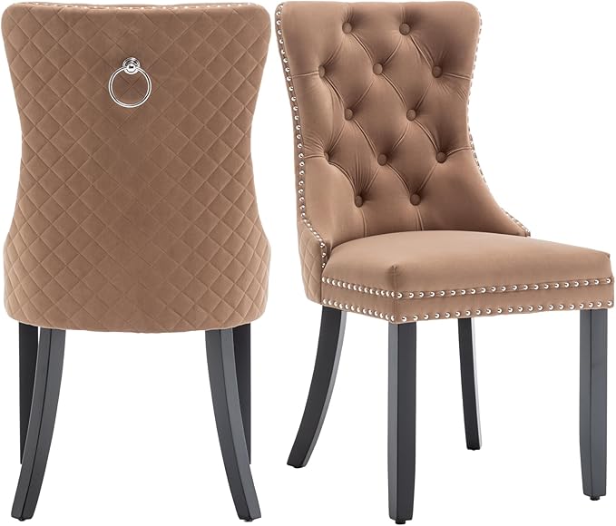 Velvet Dining Chairs Set of 2, Upholstered Dining Room Chairs with Nailhead Trim, Sillas de Comedor Modernas 2, Wooden Kitchen Chairs for Dining Room, Living Room, Kitchen, Bedroom, Brown