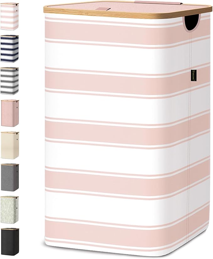 BALEINE Laundry Hamper with Lid, Tall Laundry Baskets with Bamboo Pull Handles, Large Laundry Bin with Internal Support (26 Gal/100L, Pink Stripe)
