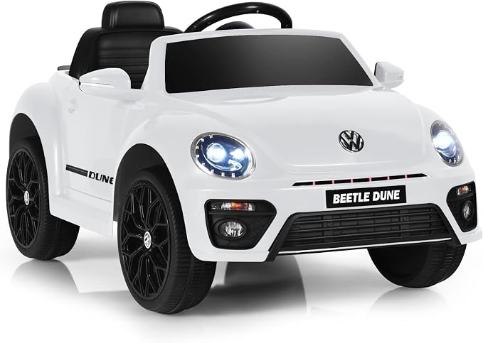 Costzon Ride on Car, 12V Licensed Volkswagen Beetle Battery Powered Vehicle w/Remote Control, Spring Suspension, Lights, USB, Horn, Music, 4 Wheeler for Boy Girl Gift, Electric Car for Kids, White