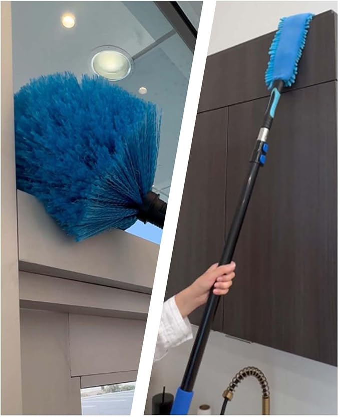 20 Foot Wall Cleaner Mop with 12 Ft Heavy Duty Extension Pole, 3-in-1 High Ceiling Cleaning Tool with 4 Microfiber Chenille Pad, Cobweb Duster, Fan, Baseboard, Window Squeegee Kit (12ft)