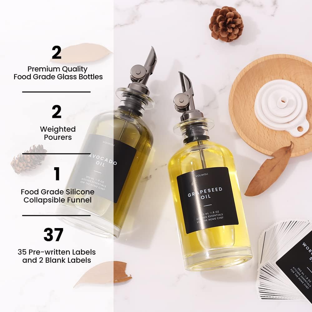 Molimoli Oil and Vinegar Dispenser with Metal Pour Spout, Weighted Pourer, Glass Bottle Dispenser for Kitchen, Olive Oil Cruet, Glass Olive Oil Bottle |350ml, Set of 2