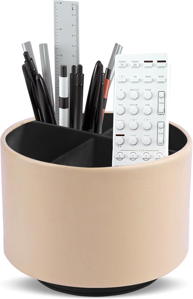 Hennaja Round Leather Art Supply Organizer,Remote Control Holder,360 Degree Spinning,Multi-Functional Pencil Holder,4 Compartments Desktop Stationary Organizer(1-Oil Apricot)