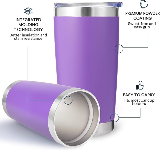 Volhoply 20oz Stainless Steel Tumbler with Lid and Straw Bulk 8 Pack,Double Wall Insulated Travel Iced Coffee Mug Fits Cup Holder,Powder Coated Cups for Hot/Cold Drinks,Gifts for Women（Purple,8 Set）
