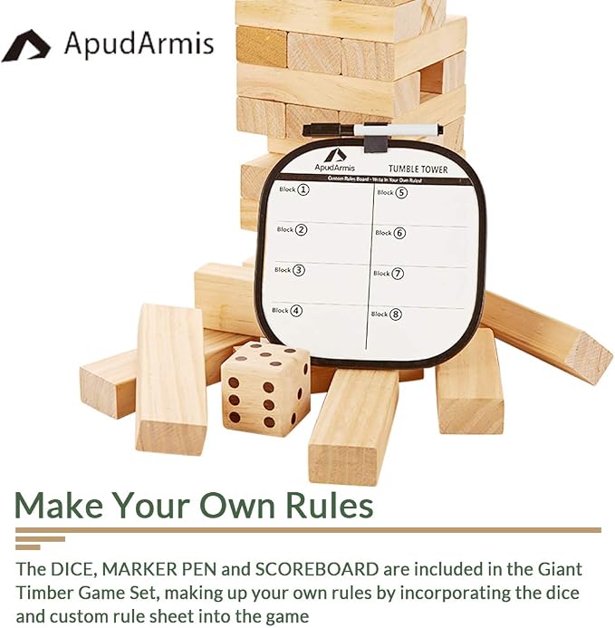 ApudArmis 60 PCS Tumble Tower, (Stack up to 5Ft) Pine Wooden Stacking Timber Game with 1 Dice Set - Classic Block Outdoor Game for Teens Adults Family