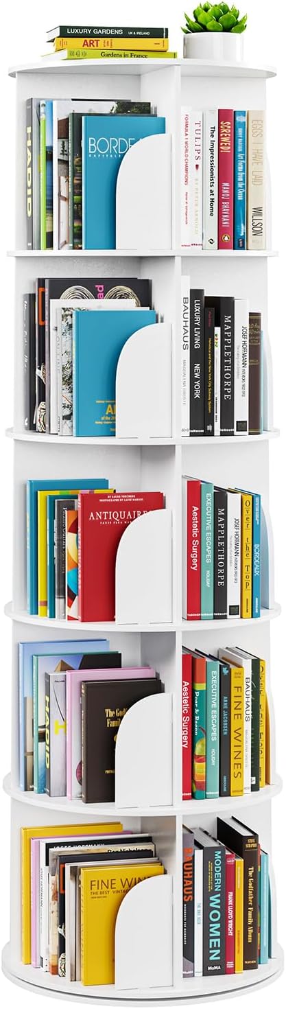 SpaceAid 5 Tier Rotating Bookshelf Tower, Spinning Bookcase Lazy Susan, Revolving 360 Book Shelf Storage Round Carousel, Vertical Rotate Turning Spiral Corner Organizer, White