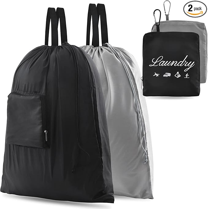 2 Pcs JHX Travel Laundry Bags, Dirty Clothes Organizer【Upgraded】with Handles and Aluminum Carabiner for Travel, Camp, Fitness, and Students (Black&Grey) 24"L x 21"W