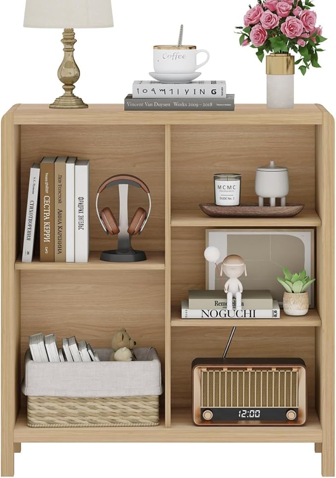 FATORRI 5 Cube Bookshelf, Wood Bookcase with 3 Adjustable Shelves, Modern Cube Storage Organizer Shelf for Home Office (Light Walnut)
