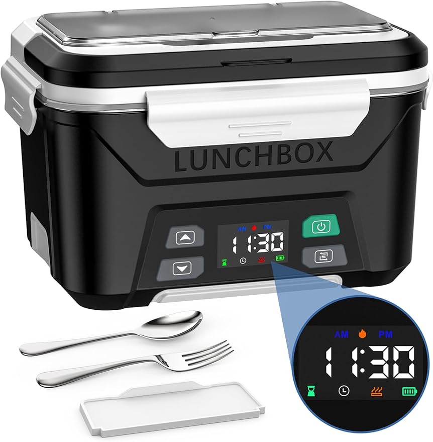 EAST OAK Cordless Electric Lunch Box for Adults, Heated Lunch Box Battery Powered with Automatic Heating, 5.5 Cups Portable Food Warmer with Removable Tray Divider