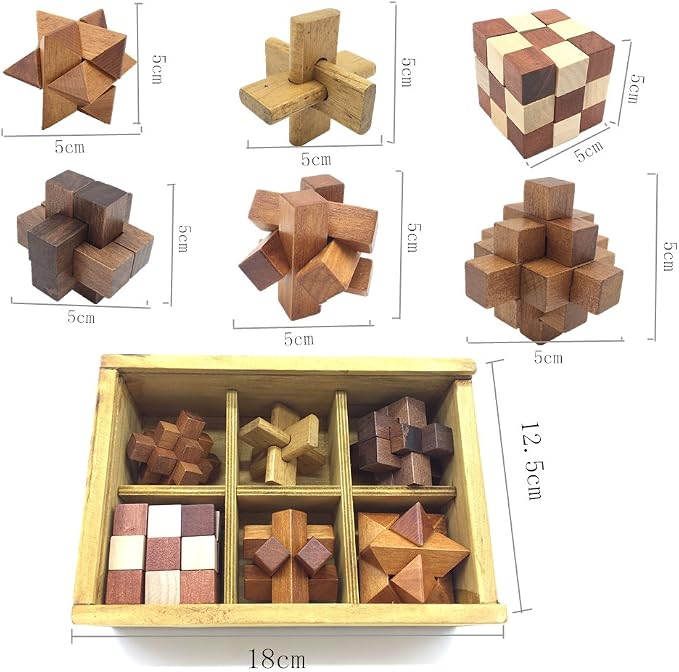 Guaishou 6-in-One 3D Luxury Wooden Brain Puzzle Teaser Kongming Lock for Teens and Adults Includes Storage Box