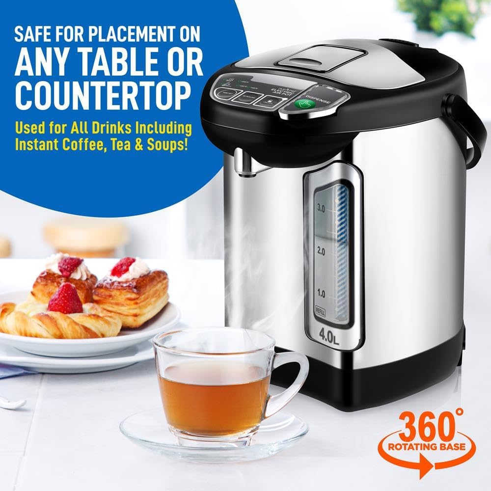 NutriChef Electric Water Boiler and Warmer - 4L/4.2Qt Stainless Steel Electric Hot Water Dispenser w/Rotating Base, Auto Shut Off, Safety Lock, Instant Heating for Coffee & Tea (NCHUB24)