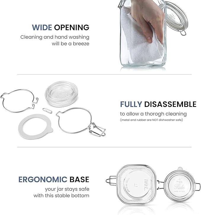 Bormioli Rocco Fido Collection, 2 Pack, 17 Oz. Food Storage Glass Jars, Airtight Rubber Seal & Glass Lid, With Stainless Wire Clamp, Made In Italy.