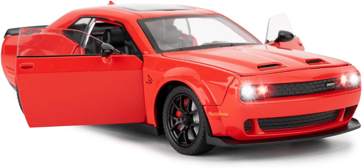 Compatible for 1/24 Dodge Challenger SRT Hellcat Car Model, Collectible Diecast Model Car with Lights and Sounds,Pull Back Car Toy for Adults Kids Birthday Gifts Decoration(Red)
