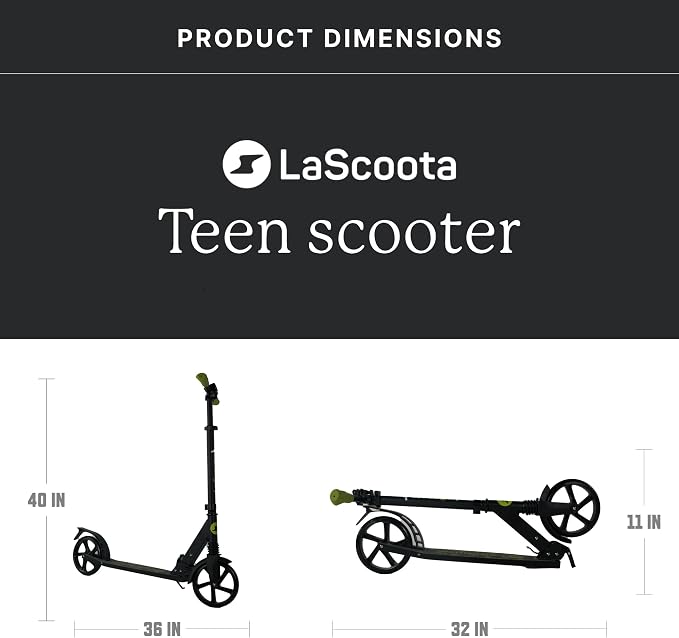 LaScoota Kick Scooter for Kids Ages 6+, Teens & Adults, Large 8" Sturdy Urethane Wheels. Adjustable Handlebar, Lightweight, Foldable, 220lbs Max Load