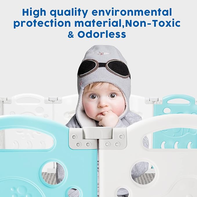 Albott Baby Fence 18 Panels Kids Playpen- Foldable Toddler Safety Play Center Yard Adjustable Shape Portable Design for Children Toddler Indoor Outdoor Use Blue