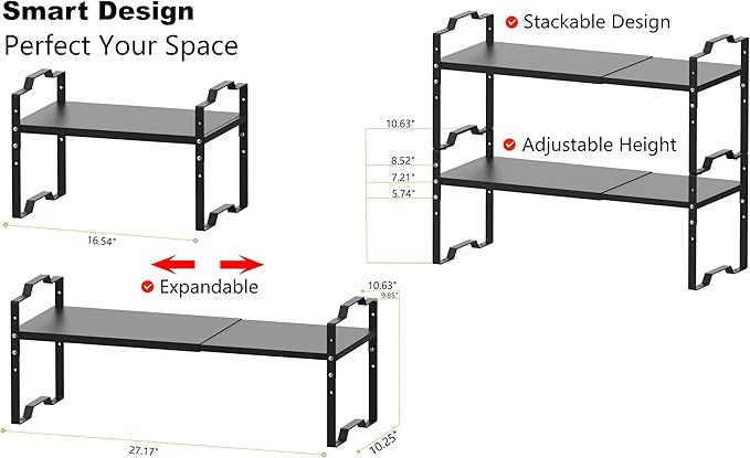 Expandable Shelf for Cabinet Organizer Adjustable Stackable Spice Rack at Kitchen and Bathroom More, Counter Countertop Cupboard Organization Pantry Storage(LARGE/2PACKS/BLACK)
