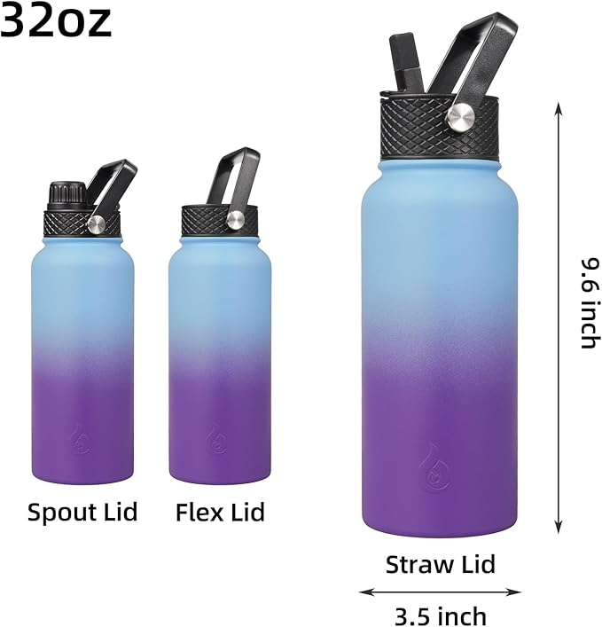 BJPKPK Insulated Water Bottles with Straw Lid, 32oz Metal Large Water Bottle with 3 Lids, Reusable Leak Proof BPA Free Thermo, Stainless Steel Tumblers for Sports, Gym, Travel-Ocean Dream