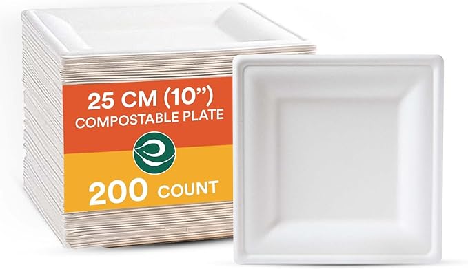 ECO SOUL Compostable Paper Plates 10 Inch (200 Count) Heavy Duty Disposable Dessert Plates, Eco-Friendly Sugarcane Bagasse Small Plates For Appetizer- White