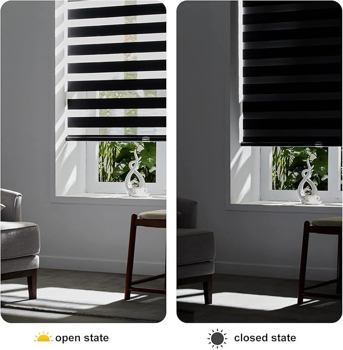 Persilux Cordless Zebra Blinds for Windows (36" W X 72" H, Black) Free-Stop Windows Shades Dual Layer Light Control for Day and Night, Light Filtering Sheer Shades for Home, Easy to Install