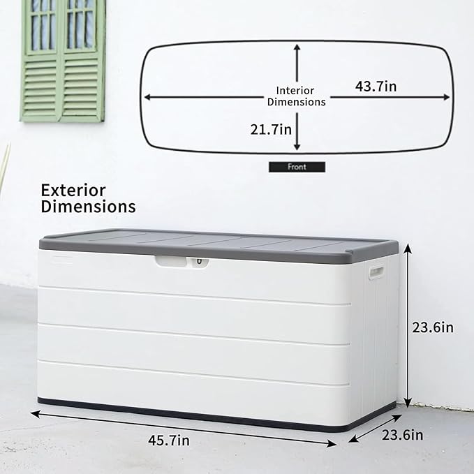 Outdoor Storage Deck Box Waterproof, 100 Gal Pro Large Lockable Patio Storage Bin Chest, Resin Outside Container Seat Bench for Furniture Cushions, Pool Accessories, Garden Tools & Delivery, White