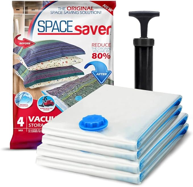 4 Pack Variety Vacuum Storage Bags for Comforters, Blankets & Clothes – Vacuum Sealed Compression Bags with Hand Pump – Space Saver Storage Bags for Bedding, Moving, Travel & Organization (2L & 2XL)