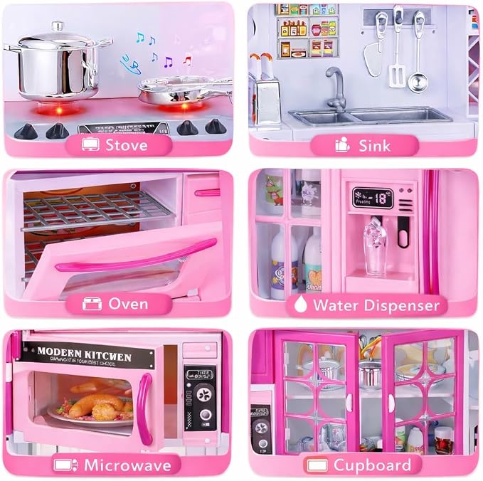 Doll Kitchen Playset for Kids, My Modern Mini Kitchen House Furniture Pretend Play Toy Accessories Set with Realistic Lights & Sounds for Toddlers, Girls (5-in-1 Kitchen Set)
