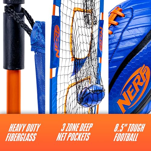 NERF Pro Pass Football Target Toss Net - Kids Football Passing Game Set - 5' x 2' Target Net with Ground Stakes + (1) Junior 8.5" Inch Ball Included - Indoor + Outdoor Youth Game