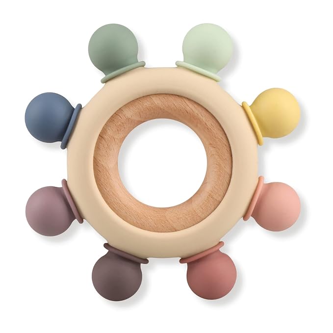 Baby Teething Toys, Silicone Chewable Teethers with Wooden Ring for Soothing Babies Gums, Rudder Chewers Shower Gift for lnfants & Toddlers, 3+ Months (8 Directions, Gray)