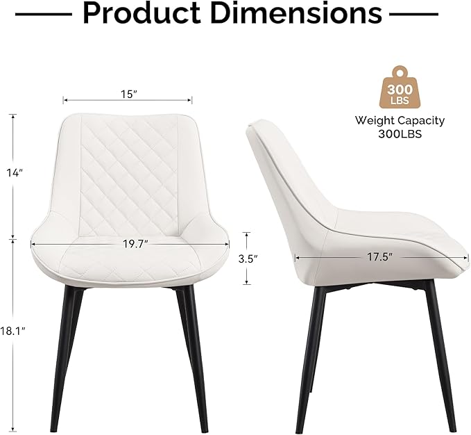Dining Chair Set of 2, Modern Dining Chairs with Thick Cushions, Faux Leather Upholstered Kitchen Dining Room Chairs with Metal Adjustable Legs for Dining Living Room, White