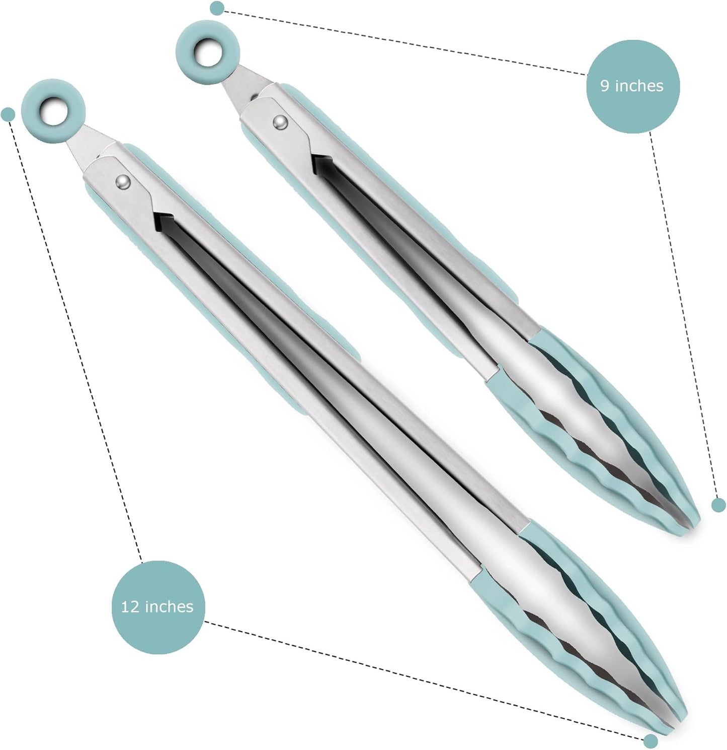 9-Inch & 12-Inch Cooking Tongs, Premium Silicone Set of 2 BPA Free Non-Stick Stainless Steel BBQ Grilling Locking Food Tong, Aqua Sky