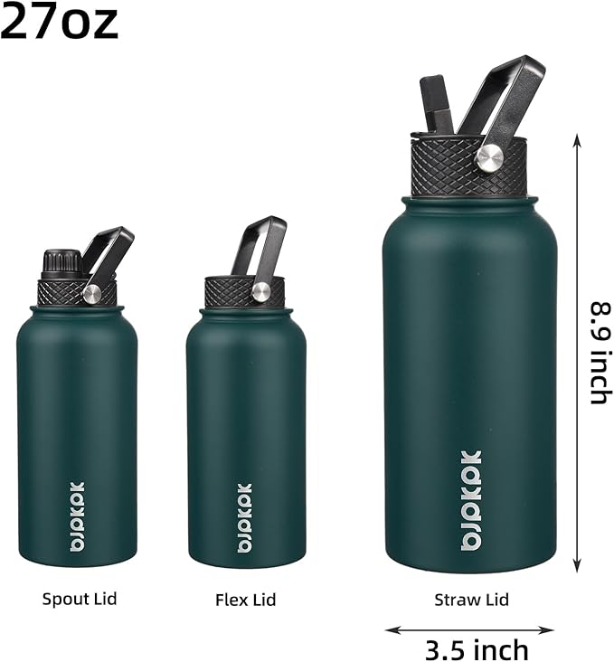 BJPKPK Insulated Water Bottles with Straw Lid, 27oz Stainless Steel Water Bottle with 3 Lids, Leak Proof BPA Free Metal Thermos Mug, Sports Water Bottle Keep Cold & Hot- Army Green (Pack of 2)