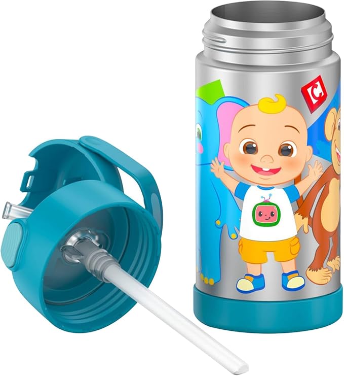 THERMOS FUNTAINER Water Bottle with Straw - 12 Ounce - Kids Stainless Steel Vacuum Insulated Water Bottle with Lid, Cocomelon
