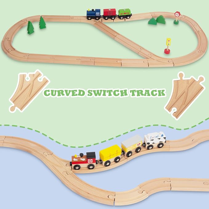 Wooden Train Tracks 24 Piece Set, Track Expansion and 9 Distinct Pieces - 100% Compatible with All Major Brands Including Thomas Wooden Railway System