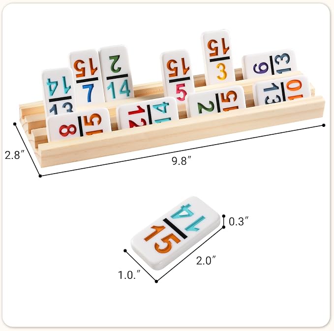Mexican Train Dominoes Set with Numbers and 8 Wooden Trays/Racks, Double 15 Dominos Travel Set with 8 Tiles Holders, 136 Tiles Double 15 Colored Dominoes Game Set with Zippered Case for Family Kids