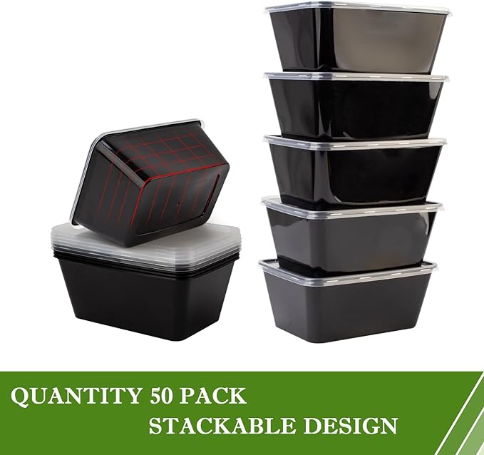 Meal Prep Containers 50Pack - 34oz Food Storage Containers with Lids, Reusable Food Prep Containers, Disposable To Go food Containers for Takeout, BPA Free, Stackable, 1000ml, Microwave/Freezer Safe