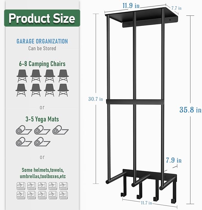 Camping Chair Wall Storage for Garage - Metal Beach Lawn Chair Rack, Garage Storage and Organization Shelves, Wall Mounted Umbrella Storage Rack Holder with Floating Shelf and 4 Hooks Black